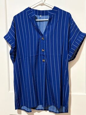 Beautiful Royal Blue Striped V-Neck Women's Blouse - Soft Stretch Fabric